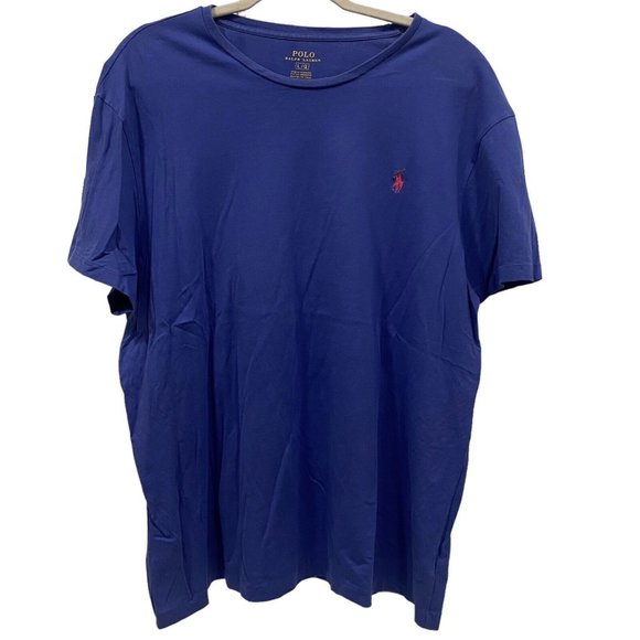 POLO RALPH LAUREN Mens Short Sleeve Solid BLUE Crew Neck T-Shirt Pink Logo LARGE - Picture 1 of 4